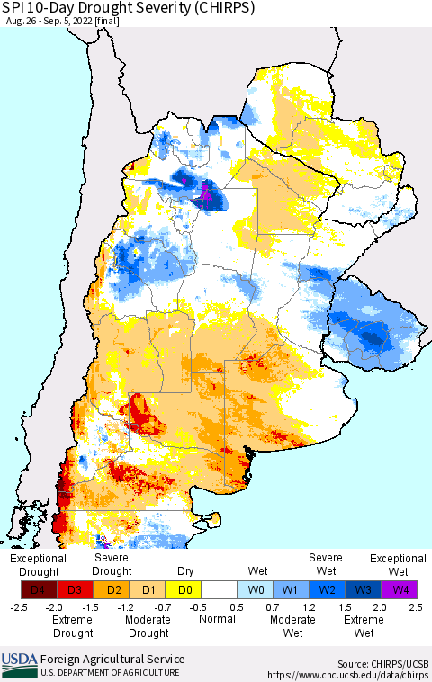Southern South America SPI 10-Day Drought Severity (CHIRPS) Thematic Map For 8/26/2022 - 9/5/2022