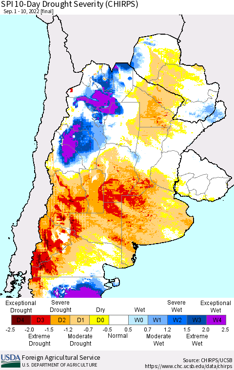Southern South America SPI 10-Day Drought Severity (CHIRPS) Thematic Map For 9/1/2022 - 9/10/2022