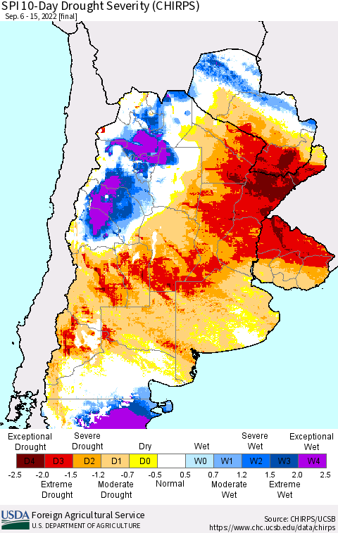 Southern South America SPI 10-Day Drought Severity (CHIRPS) Thematic Map For 9/6/2022 - 9/15/2022