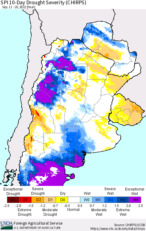 Southern South America SPI 10-Day Drought Severity (CHIRPS) Thematic Map For 9/11/2022 - 9/20/2022
