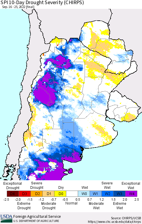Southern South America SPI 10-Day Drought Severity (CHIRPS) Thematic Map For 9/16/2022 - 9/25/2022