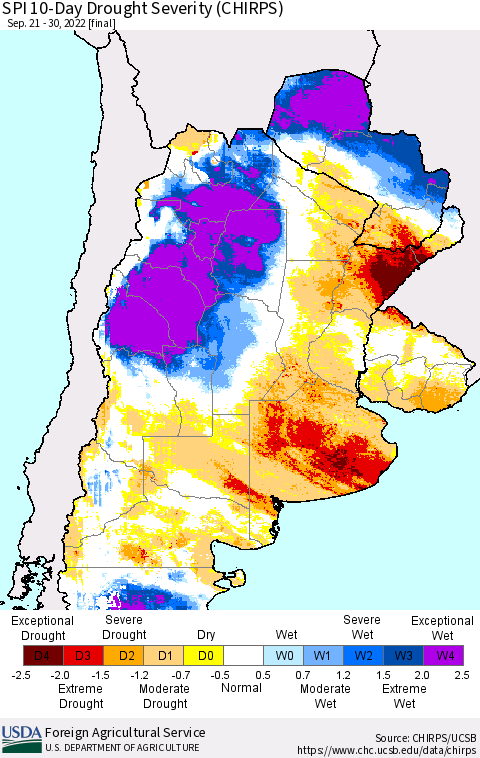 Southern South America SPI 10-Day Drought Severity (CHIRPS) Thematic Map For 9/21/2022 - 9/30/2022