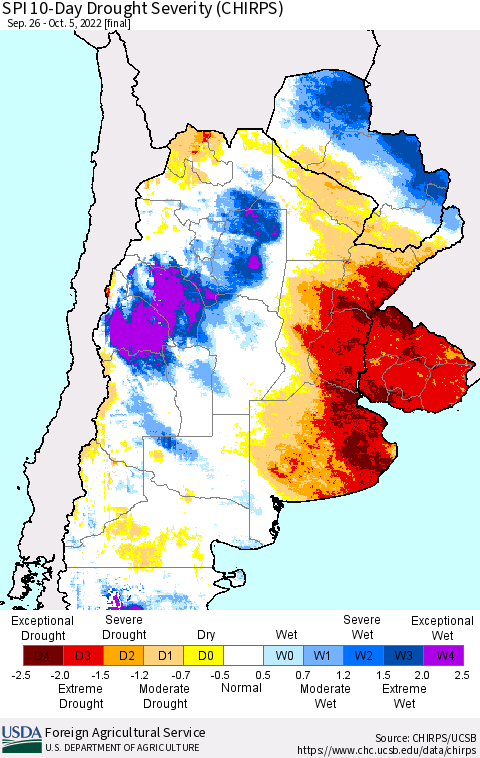 Southern South America SPI 10-Day Drought Severity (CHIRPS) Thematic Map For 9/26/2022 - 10/5/2022