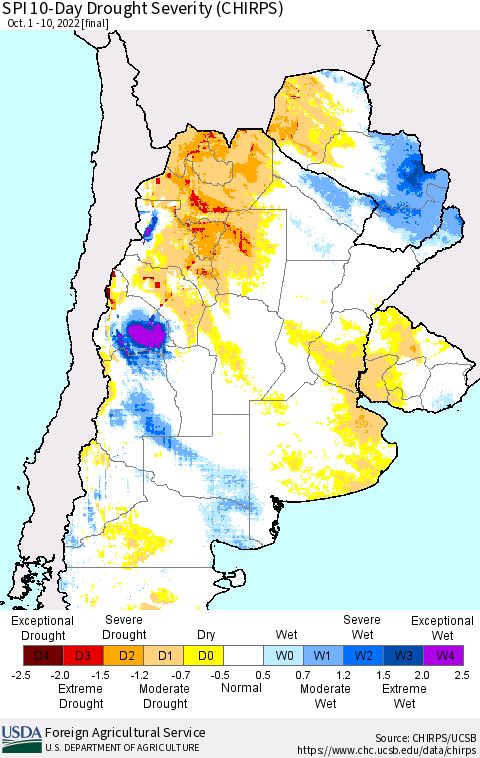 Southern South America SPI 10-Day Drought Severity (CHIRPS) Thematic Map For 10/1/2022 - 10/10/2022