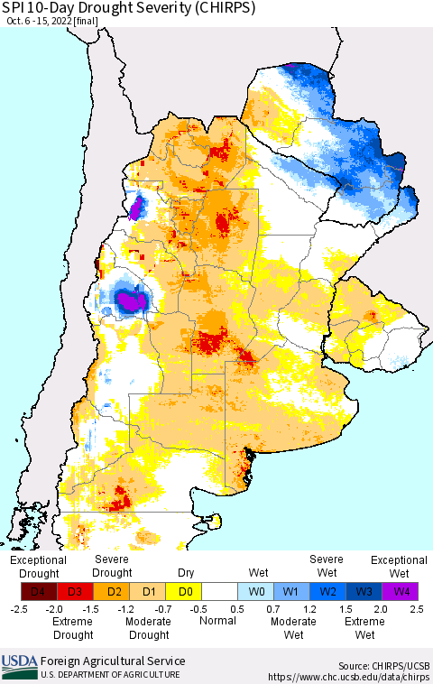 Southern South America SPI 10-Day Drought Severity (CHIRPS) Thematic Map For 10/6/2022 - 10/15/2022