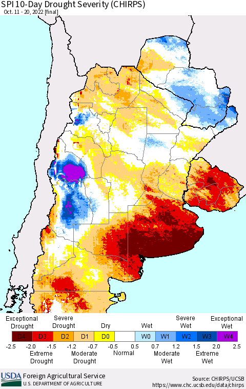 Southern South America SPI 10-Day Drought Severity (CHIRPS) Thematic Map For 10/11/2022 - 10/20/2022