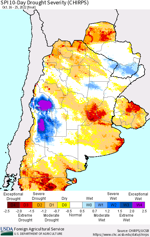 Southern South America SPI 10-Day Drought Severity (CHIRPS) Thematic Map For 10/16/2022 - 10/25/2022