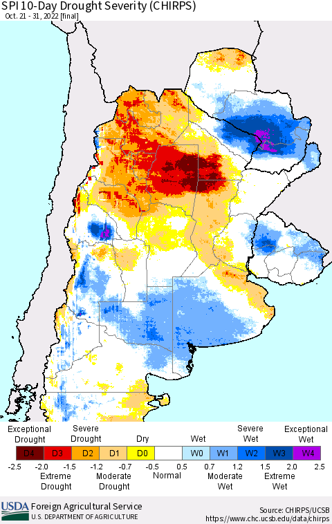 Southern South America SPI 10-Day Drought Severity (CHIRPS) Thematic Map For 10/21/2022 - 10/31/2022