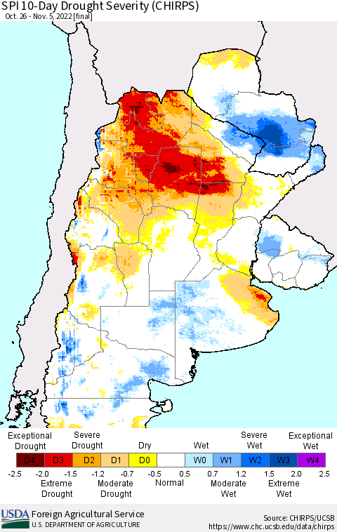 Southern South America SPI 10-Day Drought Severity (CHIRPS) Thematic Map For 10/26/2022 - 11/5/2022