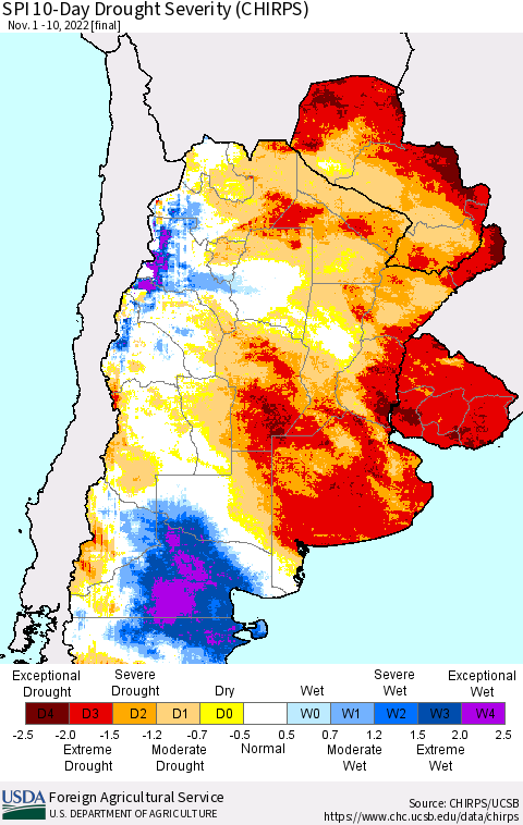 Southern South America SPI 10-Day Drought Severity (CHIRPS) Thematic Map For 11/1/2022 - 11/10/2022