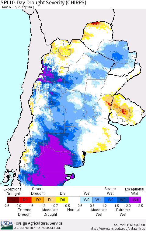Southern South America SPI 10-Day Drought Severity (CHIRPS) Thematic Map For 11/6/2022 - 11/15/2022