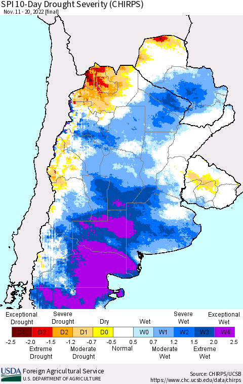 Southern South America SPI 10-Day Drought Severity (CHIRPS) Thematic Map For 11/11/2022 - 11/20/2022