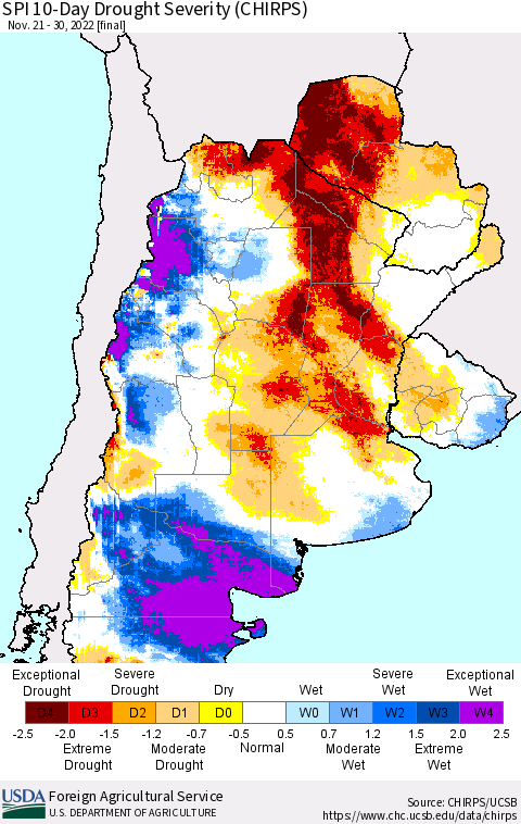 Southern South America SPI 10-Day Drought Severity (CHIRPS) Thematic Map For 11/21/2022 - 11/30/2022