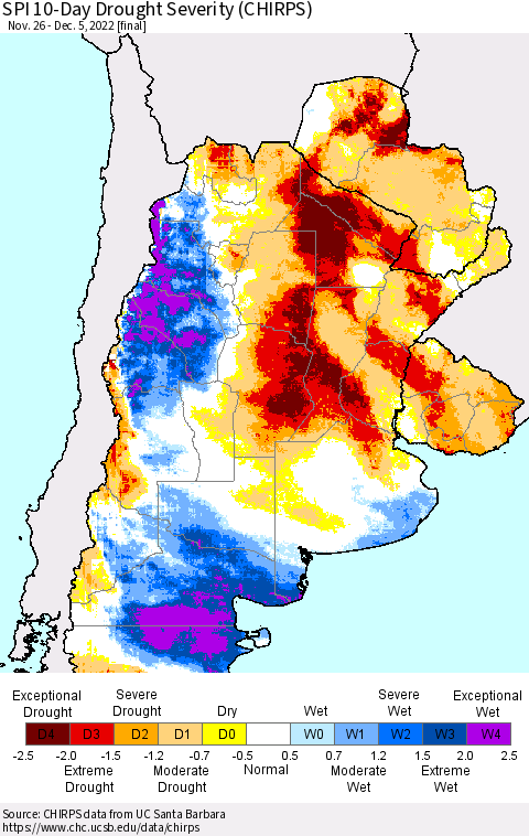 Southern South America SPI 10-Day Drought Severity (CHIRPS) Thematic Map For 11/26/2022 - 12/5/2022
