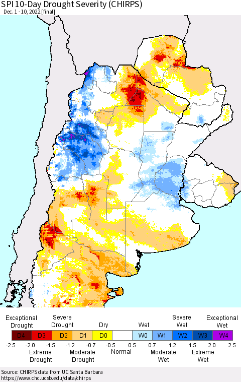 Southern South America SPI 10-Day Drought Severity (CHIRPS) Thematic Map For 12/1/2022 - 12/10/2022