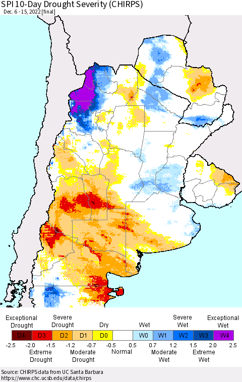 Southern South America SPI 10-Day Drought Severity (CHIRPS) Thematic Map For 12/6/2022 - 12/15/2022