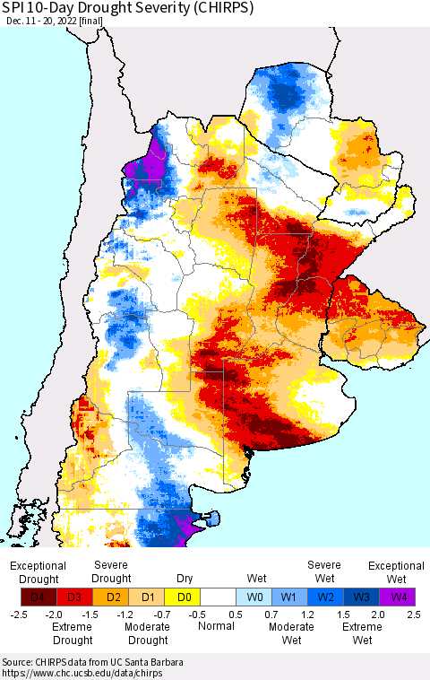 Southern South America SPI 10-Day Drought Severity (CHIRPS) Thematic Map For 12/11/2022 - 12/20/2022