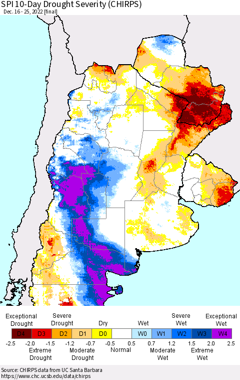 Southern South America SPI 10-Day Drought Severity (CHIRPS) Thematic Map For 12/16/2022 - 12/25/2022