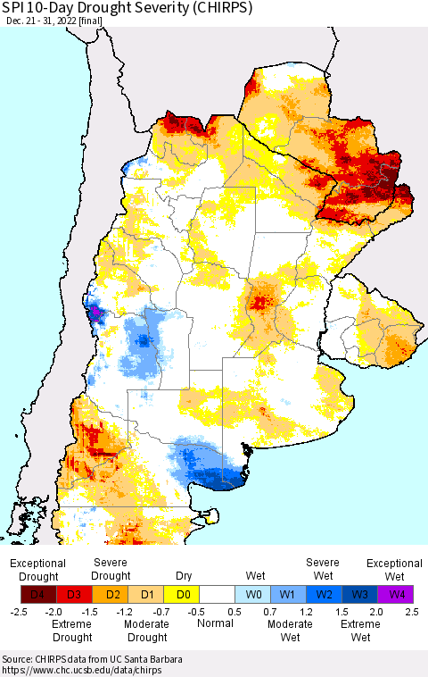 Southern South America SPI 10-Day Drought Severity (CHIRPS) Thematic Map For 12/21/2022 - 12/31/2022