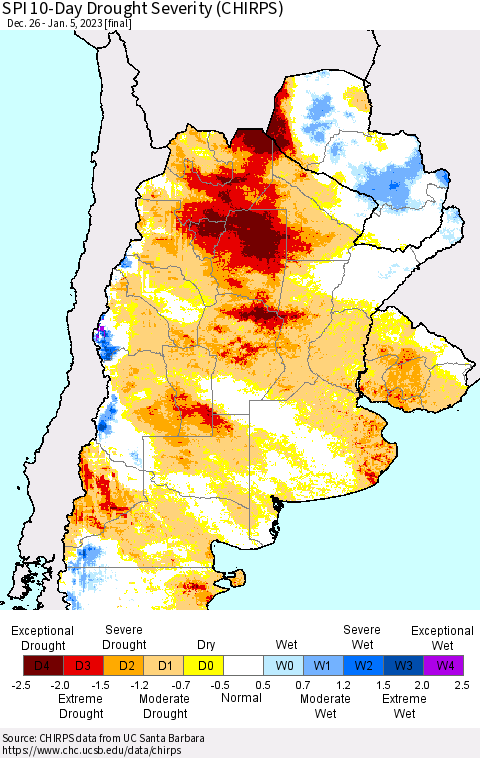 Southern South America SPI 10-Day Drought Severity (CHIRPS) Thematic Map For 12/26/2022 - 1/5/2023