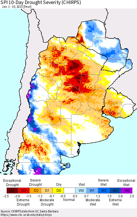 Southern South America SPI 10-Day Drought Severity (CHIRPS) Thematic Map For 1/1/2023 - 1/10/2023