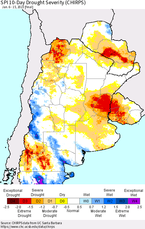Southern South America SPI 10-Day Drought Severity (CHIRPS) Thematic Map For 1/6/2023 - 1/15/2023