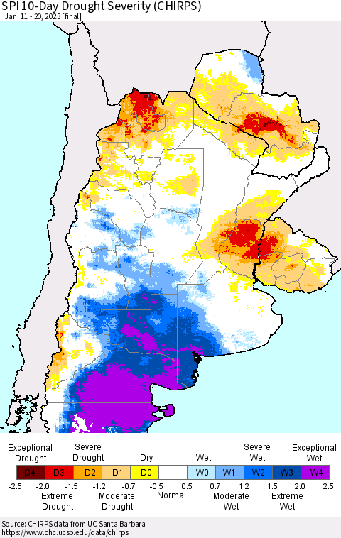 Southern South America SPI 10-Day Drought Severity (CHIRPS) Thematic Map For 1/11/2023 - 1/20/2023