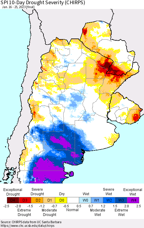 Southern South America SPI 10-Day Drought Severity (CHIRPS) Thematic Map For 1/16/2023 - 1/25/2023