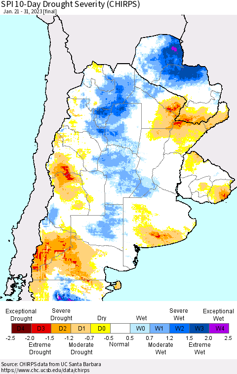 Southern South America SPI 10-Day Drought Severity (CHIRPS) Thematic Map For 1/21/2023 - 1/31/2023