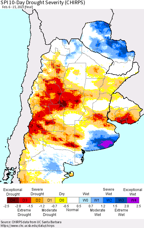 Southern South America SPI 10-Day Drought Severity (CHIRPS) Thematic Map For 2/6/2023 - 2/15/2023