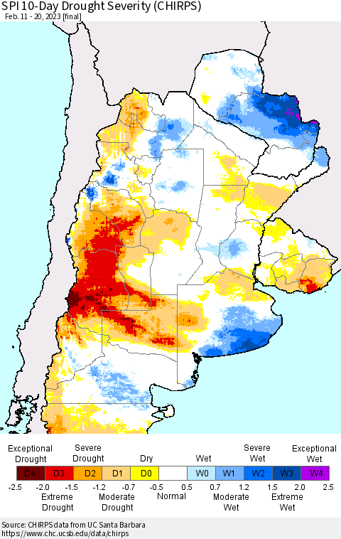 Southern South America SPI 10-Day Drought Severity (CHIRPS) Thematic Map For 2/11/2023 - 2/20/2023