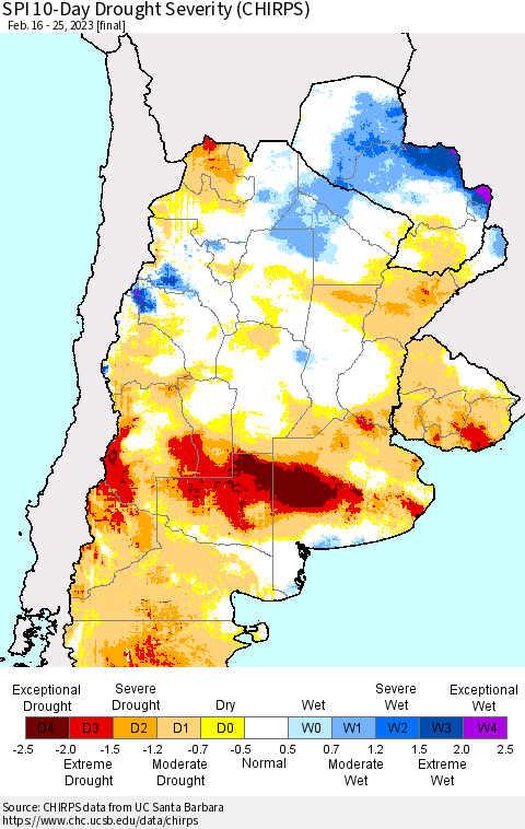 Southern South America SPI 10-Day Drought Severity (CHIRPS) Thematic Map For 2/16/2023 - 2/25/2023