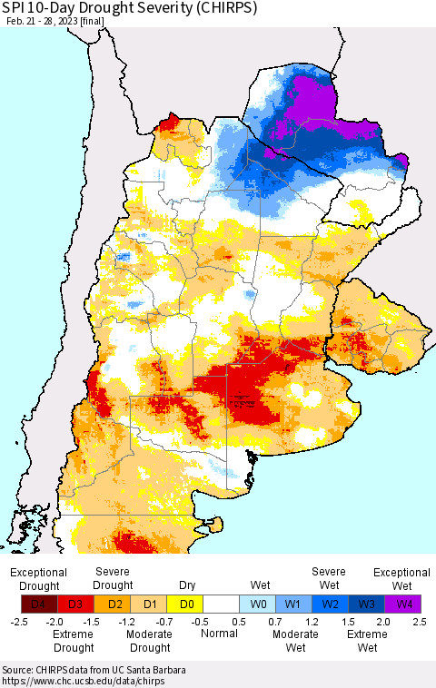 Southern South America SPI 10-Day Drought Severity (CHIRPS) Thematic Map For 2/21/2023 - 2/28/2023