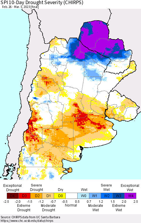 Southern South America SPI 10-Day Drought Severity (CHIRPS) Thematic Map For 2/26/2023 - 3/5/2023