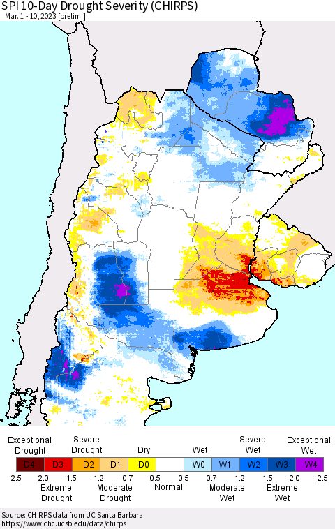 Southern South America SPI 10-Day Drought Severity (CHIRPS) Thematic Map For 3/1/2023 - 3/10/2023
