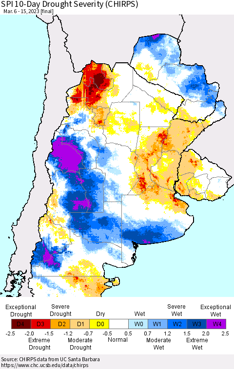 Southern South America SPI 10-Day Drought Severity (CHIRPS) Thematic Map For 3/6/2023 - 3/15/2023