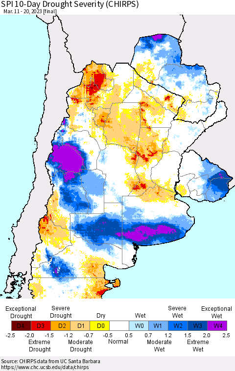 Southern South America SPI 10-Day Drought Severity (CHIRPS) Thematic Map For 3/11/2023 - 3/20/2023
