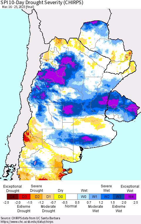 Southern South America SPI 10-Day Drought Severity (CHIRPS) Thematic Map For 3/16/2023 - 3/25/2023