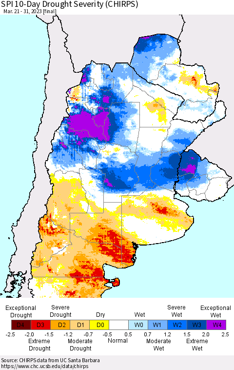 Southern South America SPI 10-Day Drought Severity (CHIRPS) Thematic Map For 3/21/2023 - 3/31/2023