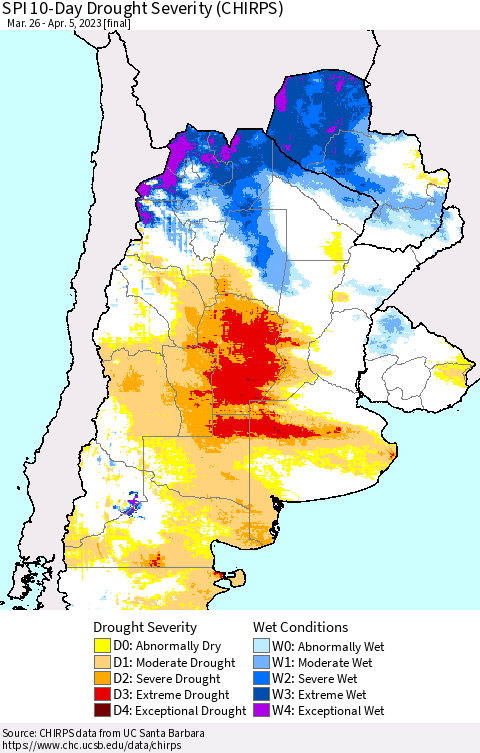 Southern South America SPI 10-Day Drought Severity (CHIRPS) Thematic Map For 3/26/2023 - 4/5/2023