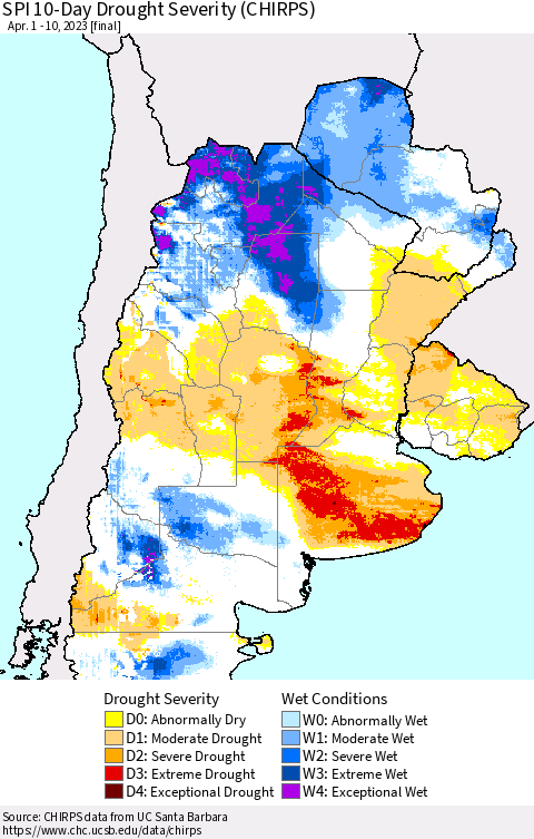 Southern South America SPI 10-Day Drought Severity (CHIRPS) Thematic Map For 4/1/2023 - 4/10/2023