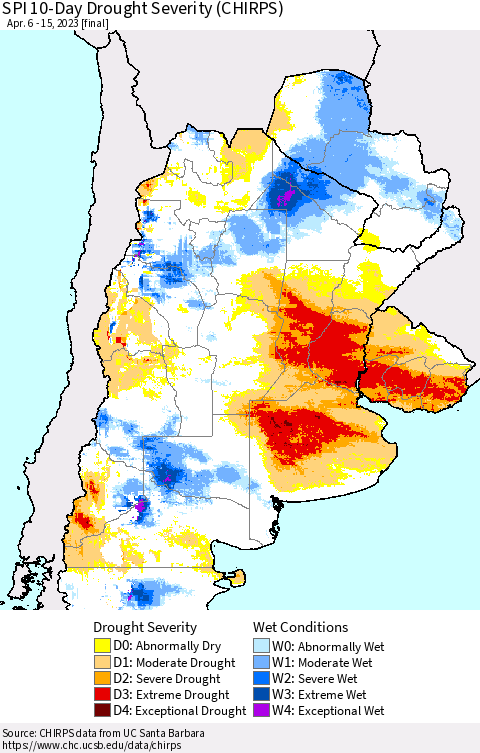 Southern South America SPI 10-Day Drought Severity (CHIRPS) Thematic Map For 4/6/2023 - 4/15/2023