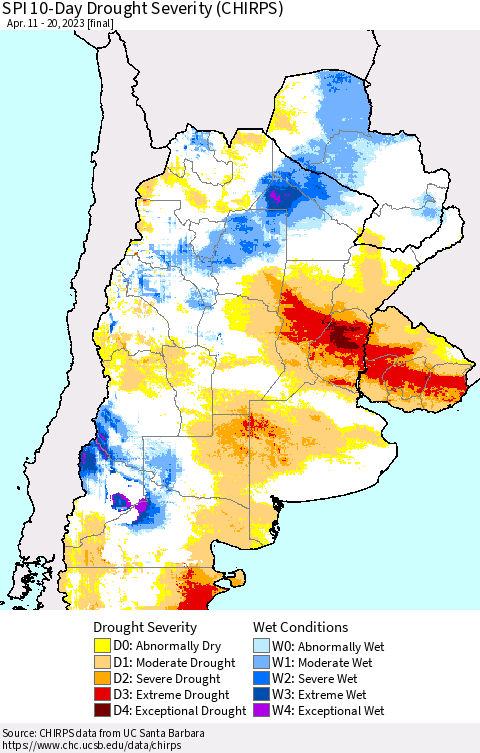 Southern South America SPI 10-Day Drought Severity (CHIRPS) Thematic Map For 4/11/2023 - 4/20/2023