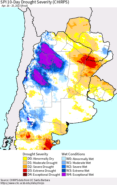 Southern South America SPI 10-Day Drought Severity (CHIRPS) Thematic Map For 4/16/2023 - 4/25/2023