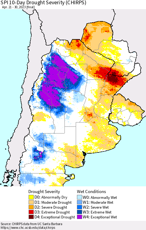 Southern South America SPI 10-Day Drought Severity (CHIRPS) Thematic Map For 4/21/2023 - 4/30/2023