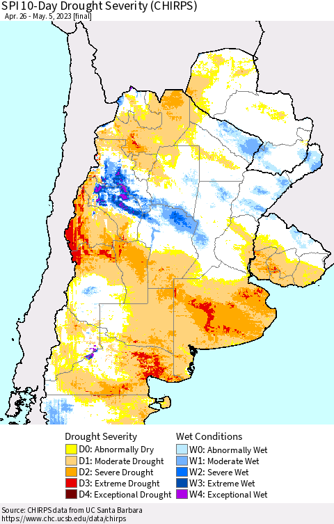 Southern South America SPI 10-Day Drought Severity (CHIRPS) Thematic Map For 4/26/2023 - 5/5/2023