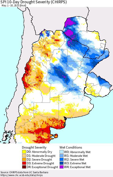 Southern South America SPI 10-Day Drought Severity (CHIRPS) Thematic Map For 5/1/2023 - 5/10/2023