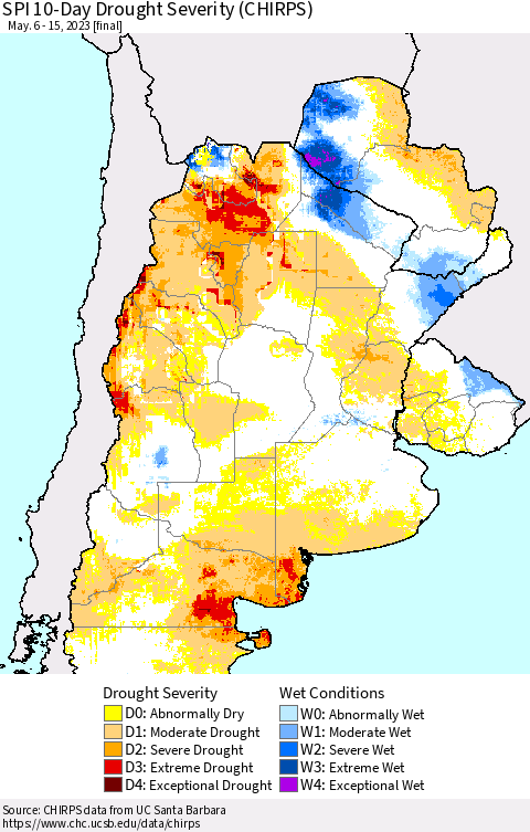 Southern South America SPI 10-Day Drought Severity (CHIRPS) Thematic Map For 5/6/2023 - 5/15/2023