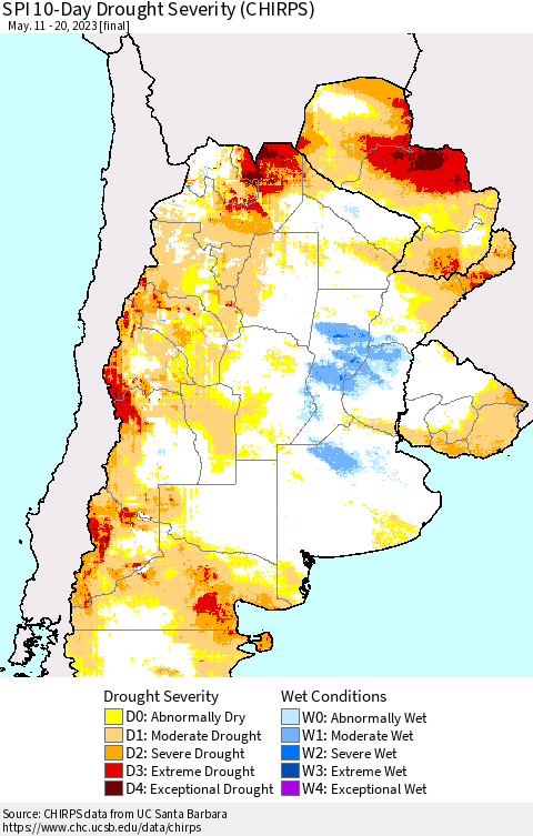 Southern South America SPI 10-Day Drought Severity (CHIRPS) Thematic Map For 5/11/2023 - 5/20/2023