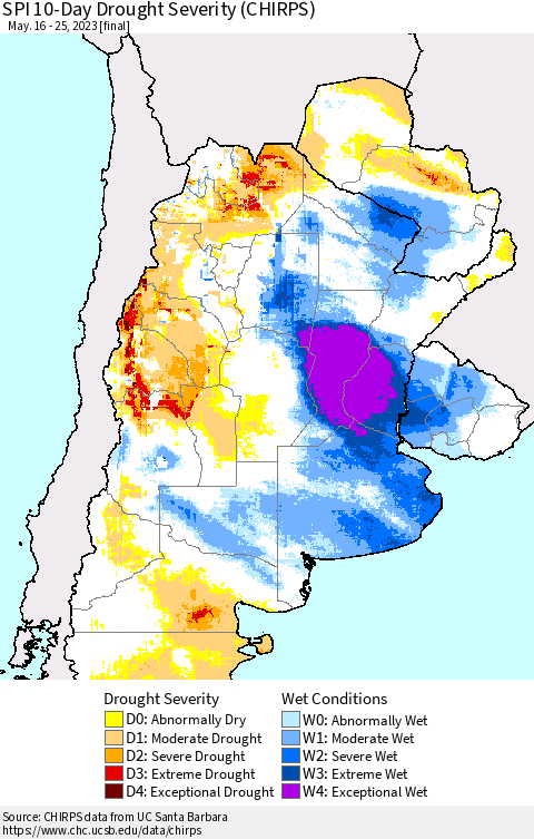 Southern South America SPI 10-Day Drought Severity (CHIRPS) Thematic Map For 5/16/2023 - 5/25/2023